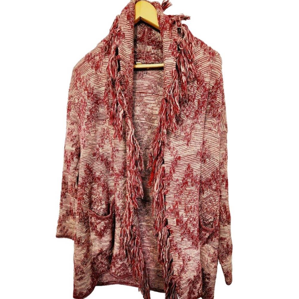 American Eagle Fringe Trim Knitted Cardigan Long Sweater Burgundy